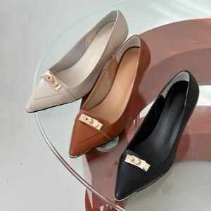 리얼 레더 천연 소가죽 베이직 심플 골드 버클 여성 구두 하이힐 슈즈 6cm