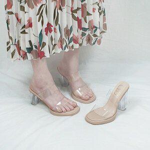 [디아]아티 두줄 투명 스트랩 가보시 유리굽 키높이 힐 슬리퍼 8 10 12cm