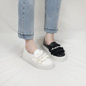 [디아]안리 국산 프릴 진주 큐빅 밴딩 통굽 키높이 슬립온 5cm