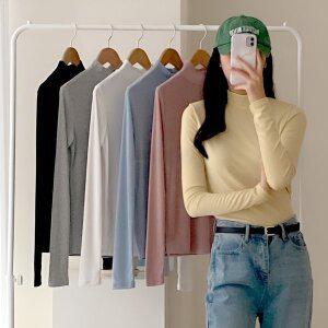 [옷자락]여자 반폴라 쫄티 스판 이너템 검정색 스판 티셔츠