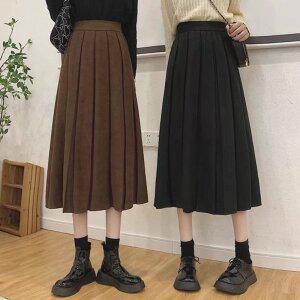 [샵앤SHOP][샵앤] FW 여성 도톰 뒷밴딩 플리츠 모직 주름 롱 스커트 21DS-WSK-4028