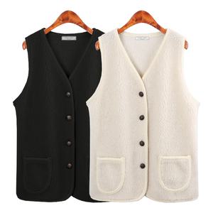 허밍퍼플 여성용 6415-버튼 후리스 조끼 인조 양털 뽀글 플리츠 가디건 버튼 단추 큰 언니 겨울 여성의류