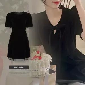 핫핑 [연말룩코디] 큐이 벨벳 쉬폰 레이어드 반팔 미니원피스