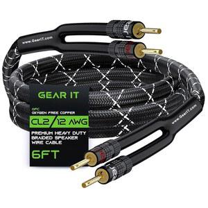 금도금 바나나 팁 플러그(6피트) 인월 CL2 등급, 헤비 듀티 브레이드, 99.9% 무산소 구리(OFC)가 장착된 GearIT 12AWG 스피커 케이블 와이어 - 검은색, 6피트