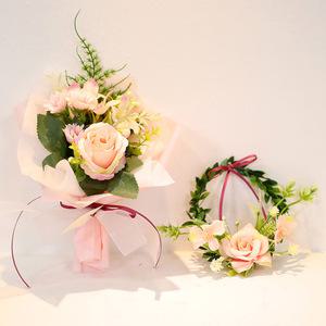 핸드메이드 코랄로즈 미니조화 꽃다발+리스 세트 납골당 꾸미기