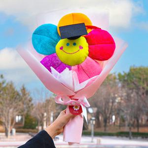 졸업 스마일꽃 학사모 한송이 포장 조화 꽃다발 레인보우 90cm 수료 소품 선물 유치원 초등학교