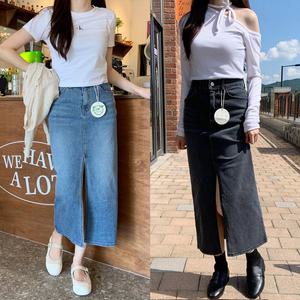 면 스판 앞트임 맥시 롱 데님 스커트 여자 가을 간절기 슬림핏 히든밴딩 청치마