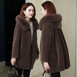 모피 자켓 캐시미어 밍크 트렌치 코트 여성용 인조 양 전단 긴 여우 칼라 후드 여성 따뜻한 재킷 가을 겨울