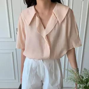 여성 프릴 V카라넥 셔링 하늘하늘 반팔 블라우스 CAT-WBL-4411-그린