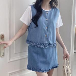 여성 캐주얼 데님 프릴 조끼 미니 스커트 세트