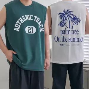 [비템]1+1 두장 휴양룩 짐웨어 런닝복 프린팅 오버핏 어깨넓은 민소매 나시티 4스타일 4컬러