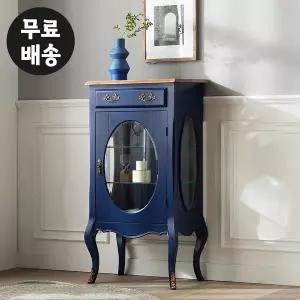 [벤티스가구]벤 유리 장식장 엔틱 진열장 유리 수납장 거실 콘솔 장식장 미니 원목 가구 3단(블루)
