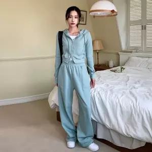 여성 면 무지 투웨이 크롭 후드집업 와이드팬츠 트레이닝 세트 츄리닝 투피스 셋업 -WPST0227- 봄 가을