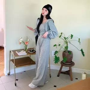 여성 3피스 면 무지 후드집업 나시 와이드팬츠 트레이닝 세트 츄리닝 셋업 -WPST0039- 봄 가을