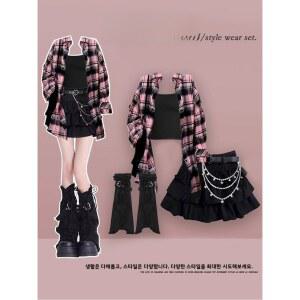 플러스 사이즈 여름 스파이시 걸 세트 여성 레트로 체크 셔츠 스트랩 하이웨이스트 슬리밍 미니 스커트 숏 3종
