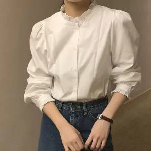 [문에이블]문에이블 봄 가을 간절기 여자 여성 프릴 기본 면 흰색 남방 셔츠 블라우스
