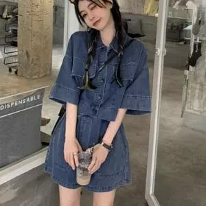 투피스 데님 반팔 여성 셔츠 반팔데님 반바지 (45OMj)