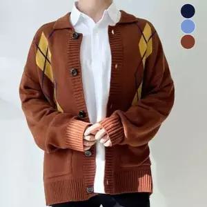 넉넉한핏 체크 프린트 강조 이지 단정 남자 풀오버니트집업