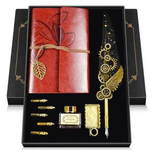 그르니비브 퀼 펜과 잉크 세트 앤티크 캘리그라피 펜 깃털 펜, 필기용 가죽 노트, 교체용 5개, 홀더, 잉크, 초보자용 빈티지 장식 선물