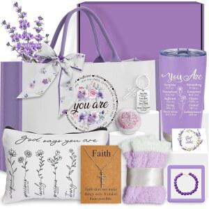 여성을 위한 11개의 보라색 기독교 선물 엄마를 영적 영감을 주는 종교적 가톨릭 엄마 여자친구 아내 친구 여동생 생일 텀블러 토트백 목걸이 팔찌 양말 스카프 세트 포함