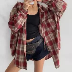 여성 체크 후드 루즈핏 플란넬 셔츠 포켓 남방