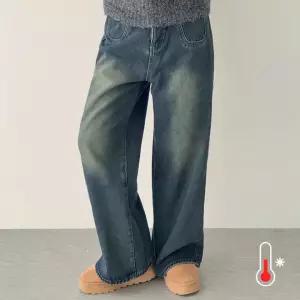 미니 포켓 기모 데님 팬츠 여성 기모 청바지 겨울 따뜻한 데일리 캐주얼룩 와이드 오버핏 오버사이즈