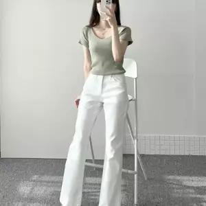 여자 파스텔 부츠컷 스판 봄옷 흰색 면바지_3