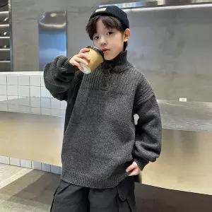터틀넥 목 티 폴라 캐시미어 니트 기모 스웨터 남자아이 반칼라 두꺼운 2025년 가을 겨울 중대형 어린이용