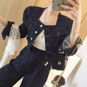 플랫 스퀘어넥 크롭자켓 핀턱 밴딩 하이웨스트 와이드팬츠 청 데님 가을 투피스세트