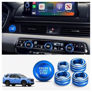 혼다 호환 호환 파일럿 2025 2024 2023과 폴로둔 인테리어 액세서리 - 에어컨 볼륨 튜닝 노브 커버 푸시 스타트 버튼 커버/링 알루미늄 합금 장식 6pcs/세트(파란색)