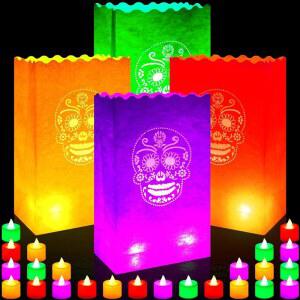 32개의 LED 차 조명이 있는 죽은 자의 날 기념 가방, 불 없는 양초, 디아 데 로스 무에르토스 조명 가방 멕시코 할로윈 파티 장식용 종이 랜턴