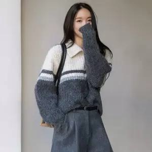 [시크폭스] 코브 배색 카라 울 니트_54KN990