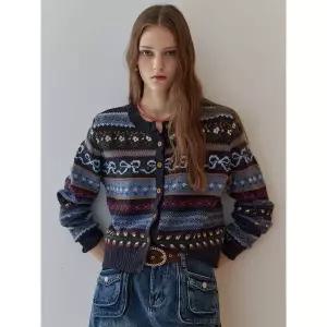 [하프클럽/]리본 노르딕 패턴 라운드넥 니트 가디건