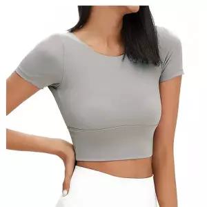 요가 반팔 크롭 브라탑 그레이 1P 패드내장 브라티 브라탑티셔츠