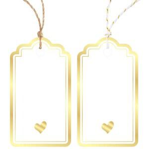 끈이 부착된 선물 태그 - 100PCS 호일 골드 하트 종이 가방 선물용 화이트 블랭크 개인 맞춤 이름 생일 결혼 발렌타인 어머니의 날 크리스마스 장식