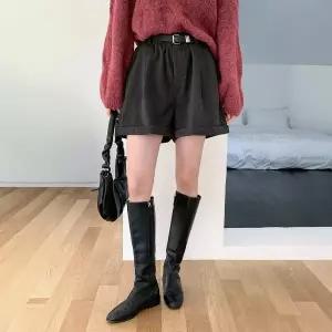 |CMP90DB|여성용 데일리 핀턱 롤업 벨트 모직 두꺼운 반바지