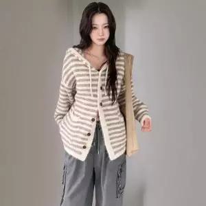 [하프클럽/]여성 루즈핏 스트라이프 후드 긴팔 니트 가디건