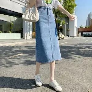 [하프클럽/]데님 롱 청치마 절개라인 깔끔한 데일리 스커트 다리가 길어 보