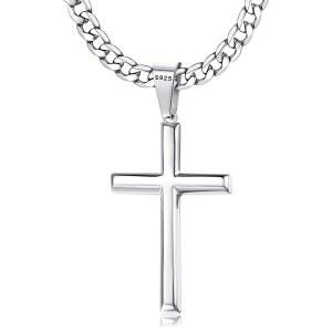 남성용 베스틸 925 스털링 실버 크로스 목걸이 베벨드 엣지 여성용 5mm 스테인리스 스틸 변색 방지 내구성 쿠바 링크 커브 체인 십자가 펜던트 목걸이 주얼리 16-30인치