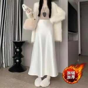 여성 데일리 봄 A라인 스커트 새틴 기모 반신 머메이드 롱 허리 밴딩 힛템