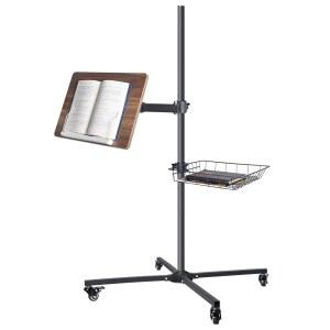 수납 바구니가 있는 모바일 북 스탠드, 높이 조절가능 바퀴, 나무, 금속이 독서 스탠드