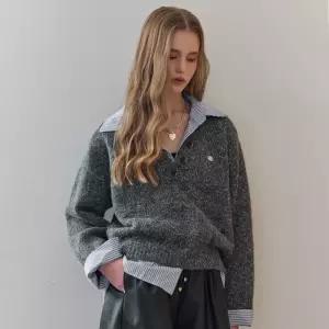 [MAXZA] 스트라이프 셔츠 레이어드 브이넥 니트