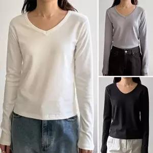 [유야]여성 기모 면 모달 스판 무지 브이넥 긴팔티 STS0972 겨울