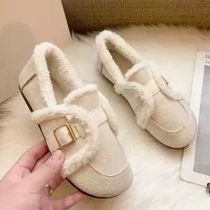 여자 로퍼 따뜻한 양털 스웨이드 여성 로퍼 겨울 슈즈 신발 플랫 단화