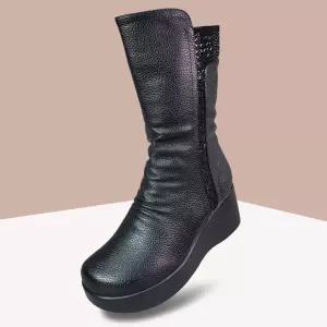 마마슈 로니 여성 가죽 미들부츠 방한화 겨울 털기모 지퍼 7cm 통굽 웨지 큐빅 둥근코 발볼편한 논슬립