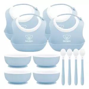 베이비뵨 베이비 유아용 이유식 3종 파우더블루 피딩세트X4개 / 턱받이 빕 (스몰), 스푼, 볼 그릇