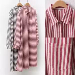 빅사이즈 여성 세로 줄지 코튼면 롱 남방 H213191