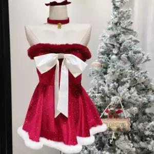 레드 미니 크리스마스 왕리본 드레스 산타걸 포인트