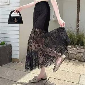 [하프클럽/]여성 레이스 시스루 레이어드 롱스커트 페미닌 롱치마 2색