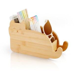 4칸이 있는 RETON 대나무 리모컨 홀더, 귀여운 구름 모양 펜 정리함, 미디어 컨트롤러 메이크업 브러시 사무실 책상 용품에 적합한 TV 보관 캐디 박스(고양이)